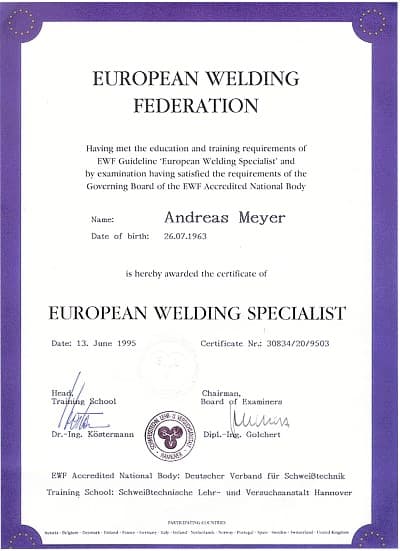 Zertifikat European Welding Specialist – Gebrüder Becker