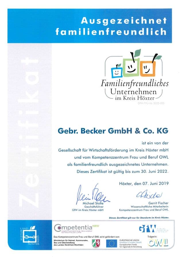 Zertifikat Familienfreundliches Unternehmen – Gebrüder Becker