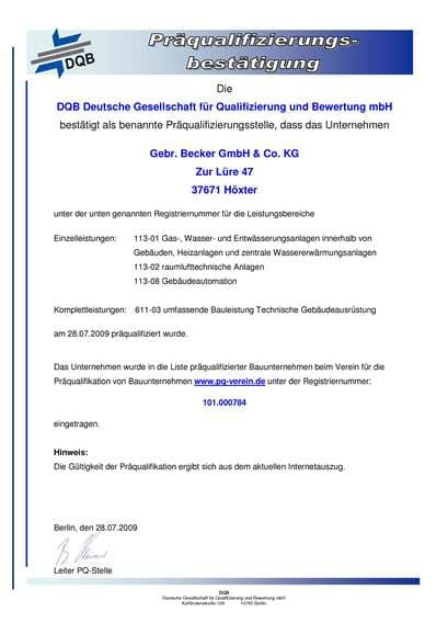 Qualifizierungsbescheinigung – Gebrüder Becker