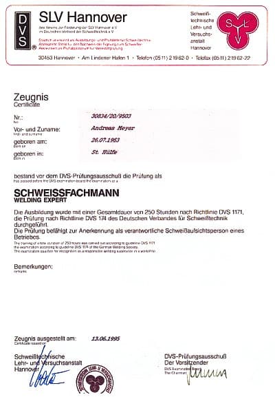Zertifikat Schweißfachmann – Gebrüder Becker