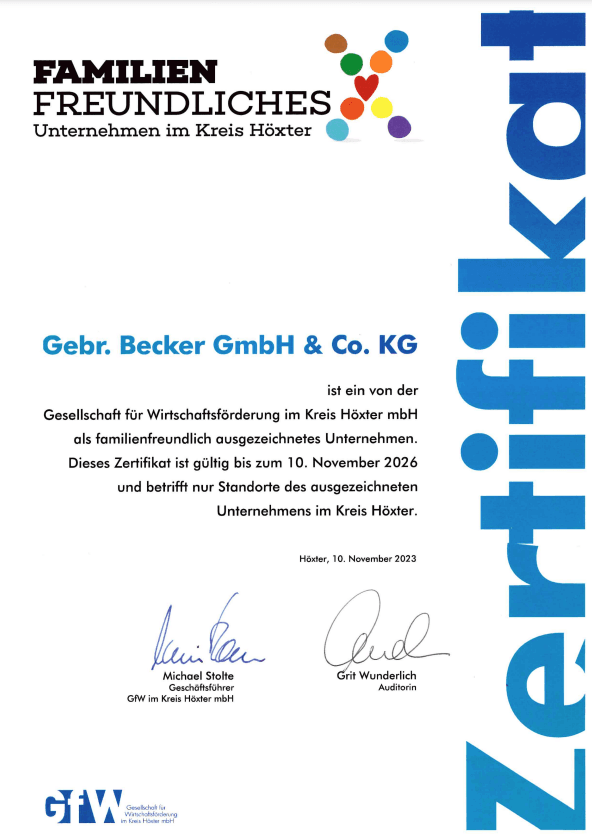 Zertifikat Familienfreundliches Unternehmen – Gebrüder Becker