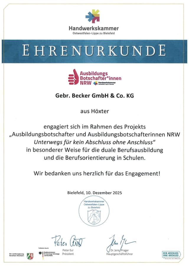 Urkunde Ausbildungsbotschafter – Gebrüder Becker