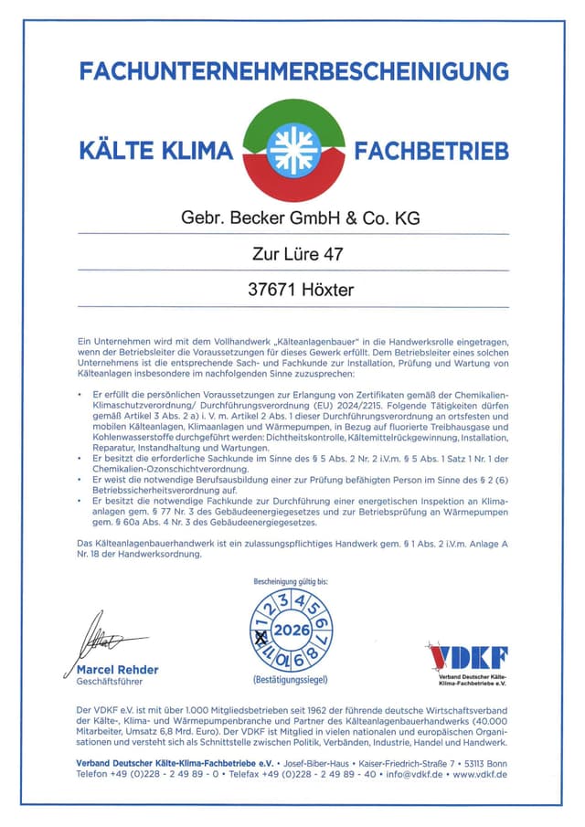 Zertifikat Kälte-Klima-Fachbetrieb, gültig bis 31.12.2026