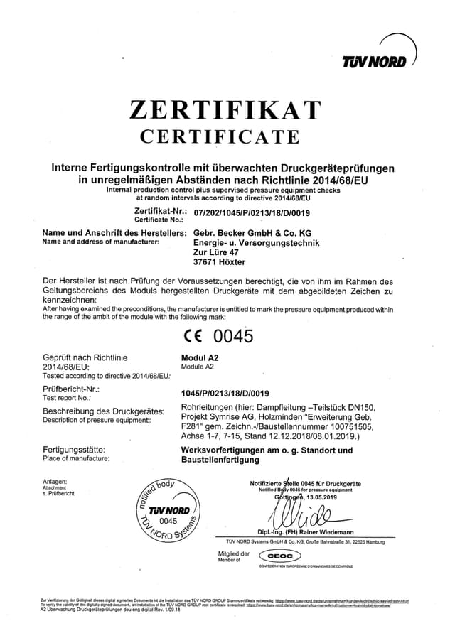 Zertifikat Druckgeräte Modul A2 – Gebrüder Becker