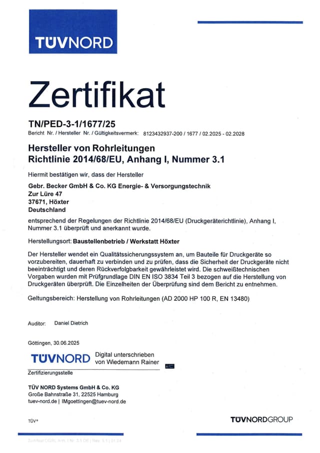 Zertifikat Druckgeräterichtlinie – Gebrüder Becker