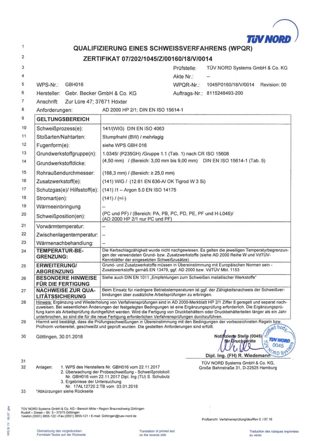 Zulassungsbescheinigung TRGS 521 (KMF) – Gebrüder Becker